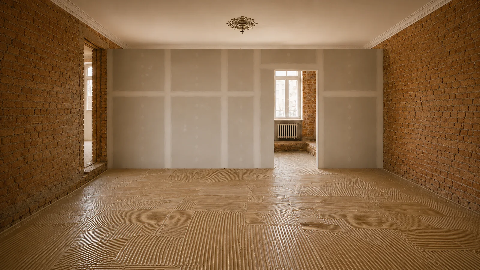 Bodenarbeiten, Schritt 5: Kleberbett gezahnt: bereit für den Belag